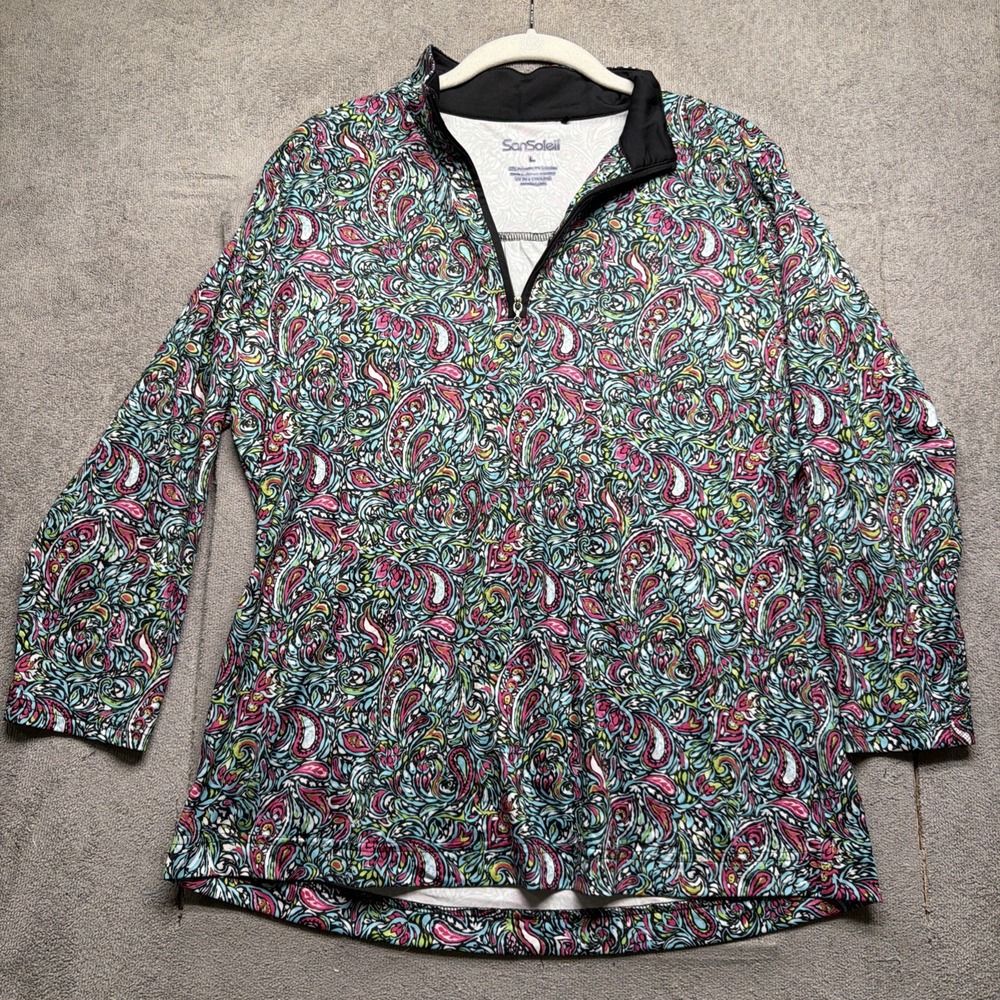 SanSoleil Womens Golf Top 1/4 Zip Paisley UV 50 Cooling Long Sleeve Large‎